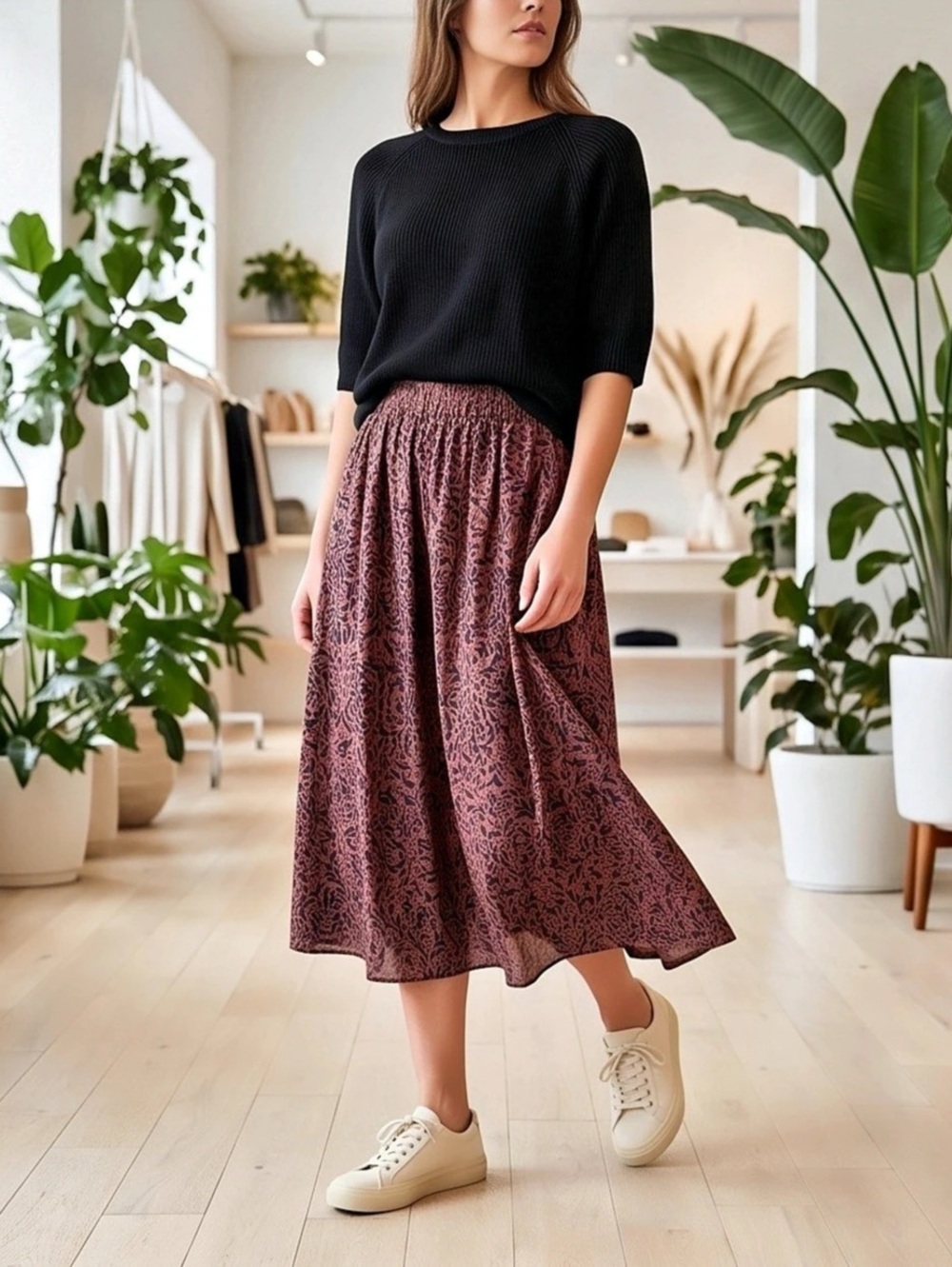 Signature by Reitmans Brown & Black Floral A-Line Midi Skirt – Size 4